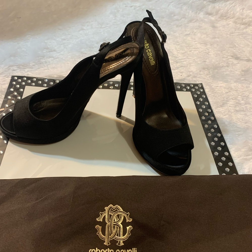 Roberto Cavalli Black Satin slingback pumps size 7.5